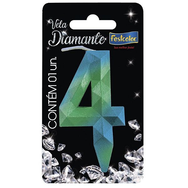 VELA DE ANIVERSÁRIO - N°4 DIAMANTE AZUL E VERDE - CONTÉM 01 UNIDADE - FESTCOLOR