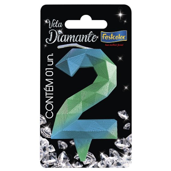 VELA DE ANIVERSÁRIO - N°2 DIAMANTE AZUL E VERDE - CONTÉM 01 UNIDADE - FESTCOLOR