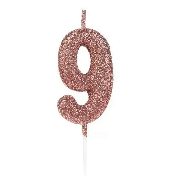 VELA DE ANIVERSÁRIO PEQUENA N 9 ROSE GOLD GLITTER - CONTÉM 01 UNIDADE - SILVER FESTAS