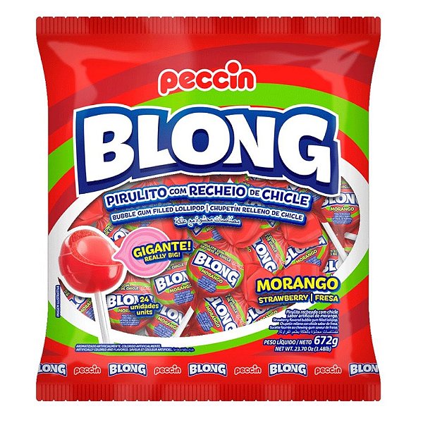 PIRULITO BLONG SABOR DE MORANGO RECHEIO CHICLE - 670G COM 24 UNIDADES - PECCIN