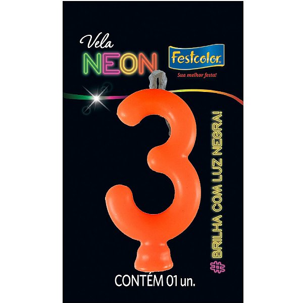 VELA DE ANIVERSÁRIO FESTA NEON NUMERO 3 - 1 UNIDADE - FESTCOLOR