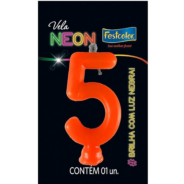 VELA DE ANIVERSÁRIO FESTA NEON NUMERO 5 - 1 UNIDADE - FESTCOLOR