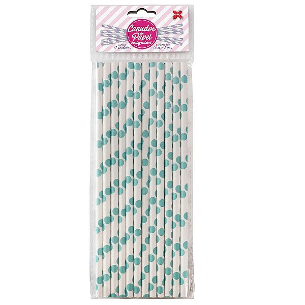 CANUDO DE PAPEL BRANCO COM BOLINHAS AZUL 6MMX20CM - 12 UNIDADES - MAKE+