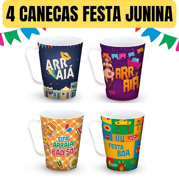4 CANECAS FESTA JUNINA PRENDA SÃO JOÃO DECORAÇÃO PLÁSTICO NF 430ML