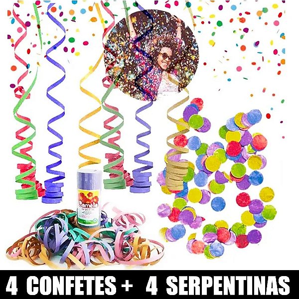 KIT CARNAVAL 4 SERPENTINAS + 4 CONFETES COLORIDOS FESTA FOLIA