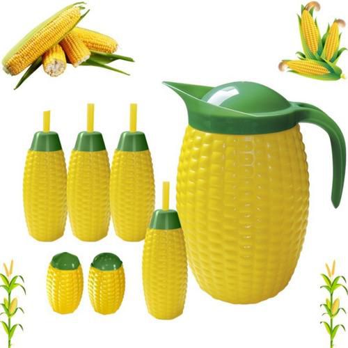 DECORAÇÃO FESTA JUNINA ARRAIÁ ENFEITE MILHO JARRA COPO  (4 COPOS + 1 JARRA + 1 SALEIRO + 1 PALITEIRO)