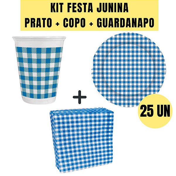 KIT PRATO + COPO + GUARDANAPO XADREZ AZUL FESTA JUNINA ARRAIA