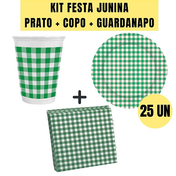 KIT PRATO + COPO + GUARDANAPO (3 PRATOS + 1 COPO + 1 GUARDANAPO ) XADREZ VERDE FESTA JUNINA ARRAIA