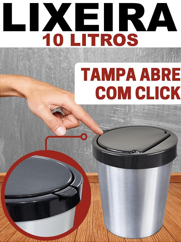 -1 LIXEIRA INOX EM ADESIVO 10 LITROS ESCRITÓRIO AUTOMÁTICA CLICK PIA BANHEIRO COZINHA BANHEIRO