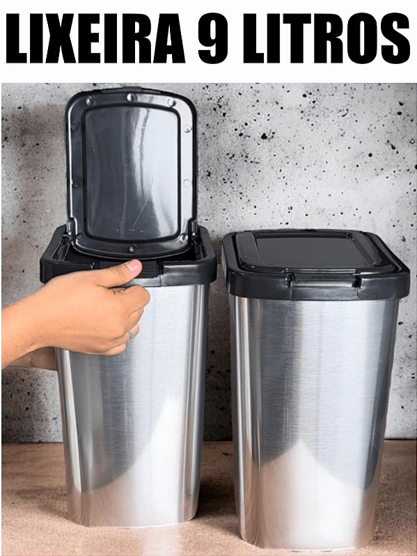OFERTA 2 LIXEIRAS CESTO BANHEIRO COZINHA ESCRITÓRIO 9 LITROS METALIZADO C/ TAMPA CLICK TAMPA ABRE E FECHA