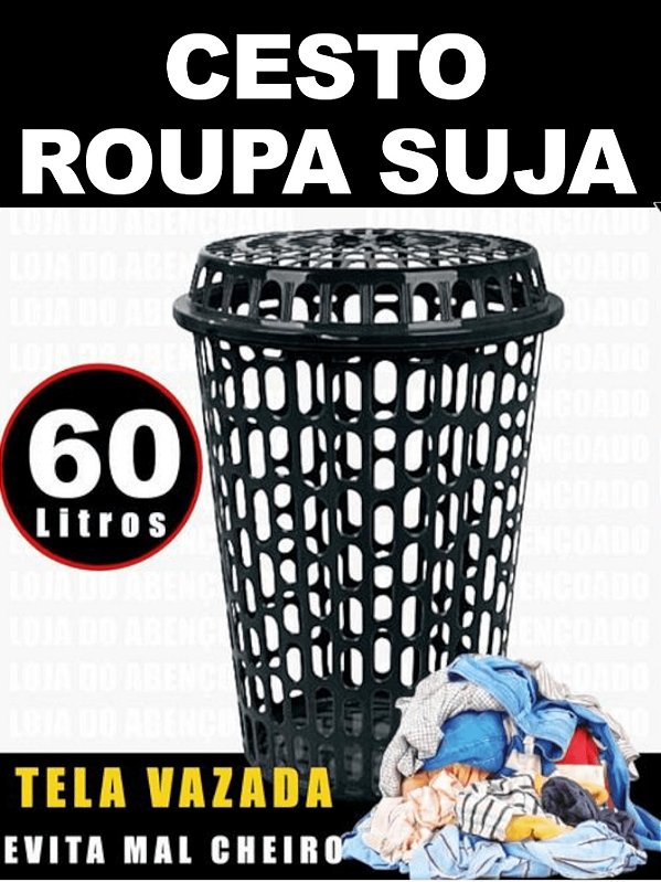 SUPER CESTO REDONDO ROUPAS SUJA REFORÇADO TAMPA 60 LITROS PRETO ROUPEIRO CESTO DE ROUPAS COM TAMPA  REDONDO CESTO ROUPA