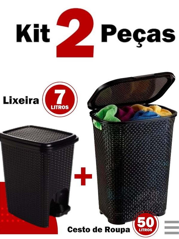 KIT CESTO ROUPAS SUJA REFORÇADO TAMPA BASCULADA 50 LITROS PRETO COM ALÇA + LIXEIRA 7 LITROS JUNCO ROUPEIRO VIME
