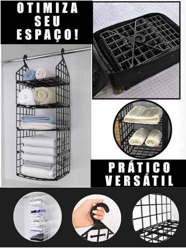 ORGANIZADOR SUSPENSO DOBRÁVEL 5 NÍVEIS DE PLÁSTICO IDEAL P/ ORGANIZAR ROUPAS E ACABAR COM A BAGUNÇA SUPER PRETO