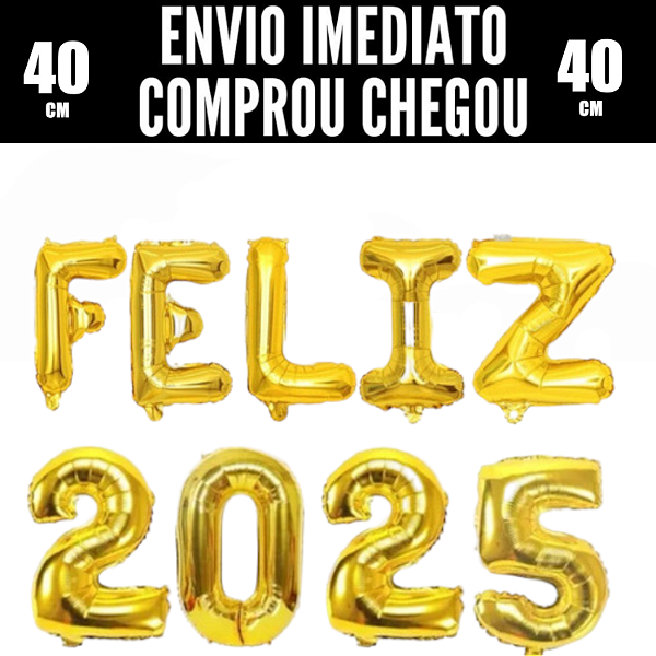 BALÃO BEXIGA METALIZADO FELIZ 2025 DOURADO  40CM NATAL OFERTA