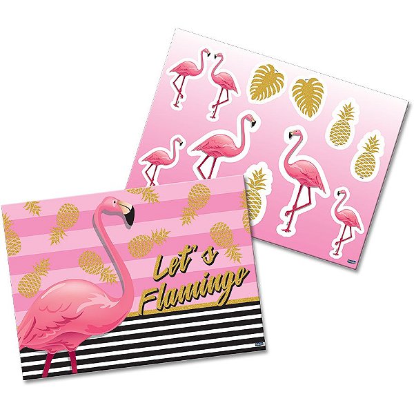 KIT DECORATIVO FESTA FLAMINGO - 01 PAINEL - 64 X 45CM - + 10 PEÇAS DESTACÁVEIS - FESTCOLOR