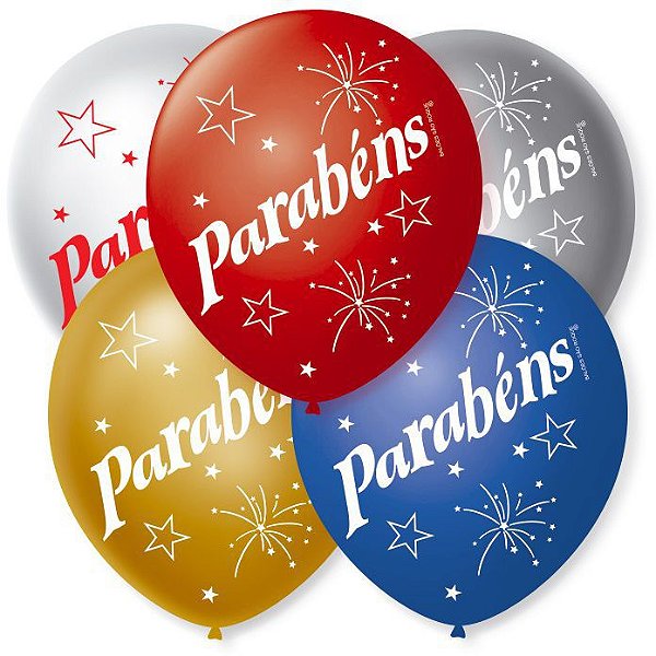 BALÃO DE FESTA LATEX 9'' 23CM - CINTILANTE SORTIDO PARABÉNS - 25 UNIDADES - SÃO ROQUE