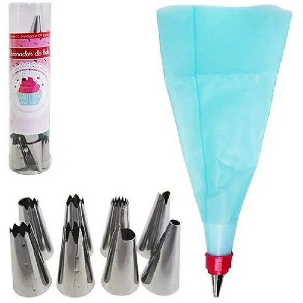 DECORADOR DE BOLO / SACO PARA CONFEITAR DE SILICONE + 9 BICOS METAL LINHA CONFEITEIRO NO TUBO