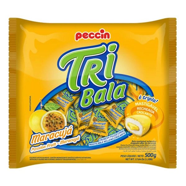 TRI BALA MASTIGÁVEL RECHEADA E DRAGEADA - SABOR MARACUJA - EMBALAGEM 500 GR