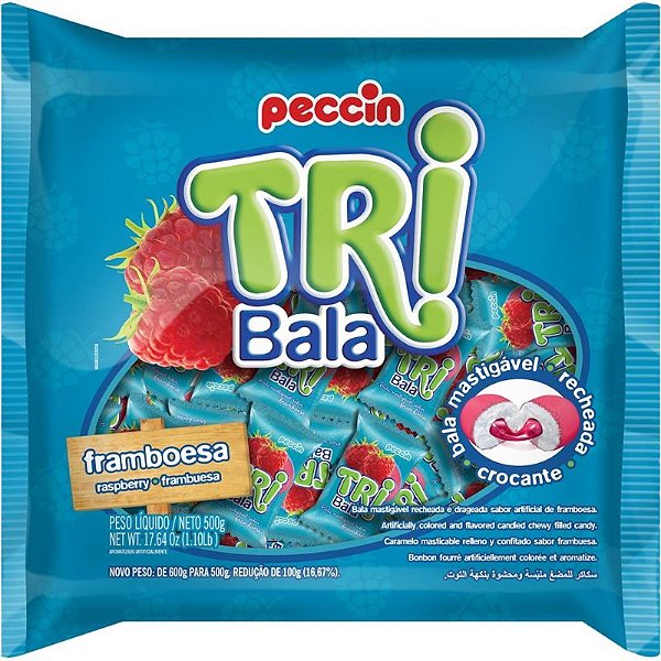 TRI BALA MASTIGÁVEL RECHEADA E DRAGEADA - SABOR FRAMBOESA- EMBALAGEM 500 GR - PECCIN