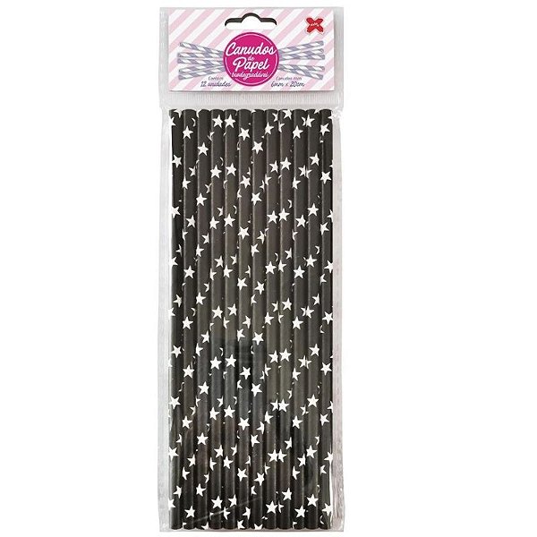 CANUDO DE PAPEL PRETO E BRANCO ESTRELINHAS 6MMX200MM - 12 UNIDADES - MAKE +