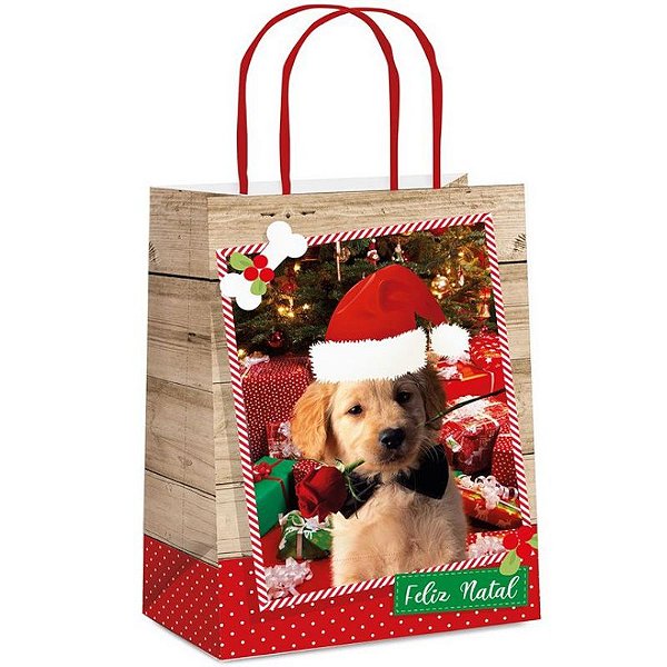 SACOLA DE PAPEL CACHORRINHOS M 26X19,5X9,5CM - 01 UNIDADE  - CROMUS NATAL