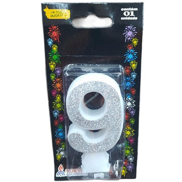 VELA DE ANIVERSÁRIO GLITTER PRATA - N° 9 - 01 UNIDADE - ALCHESTER