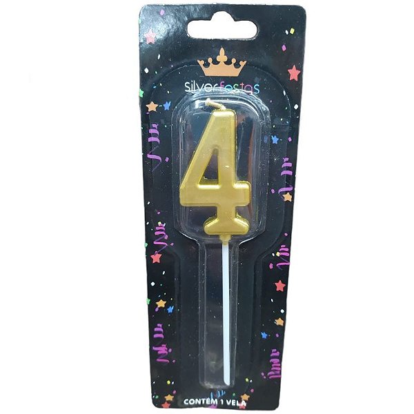 VELA DE ANIVERSARIO NÚMERO "4" DOURADO - CONTÉM 01 UNIDADE - SILVER FESTAS