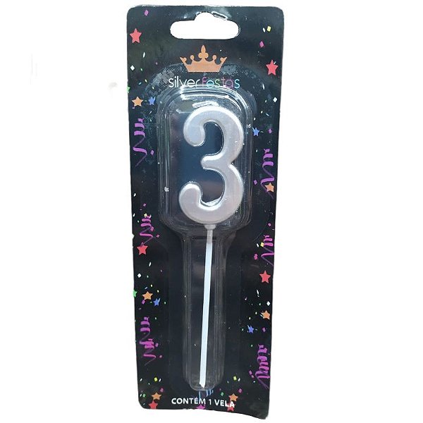 VELA DE ANIVERSARIO NÚMERO "3" PRATA - CONTÉM 01 UNIDADE - SILVER FESTAS