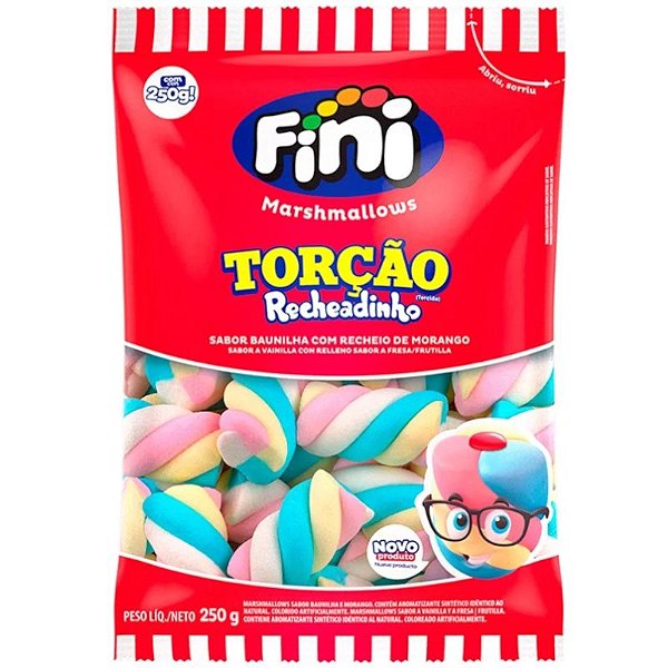 MARSHMALLOW FINI TORÇÃO RECHEADINHO 250G - SABOR BAUNILHA COM RECHEIO DE MORANGO - FINI