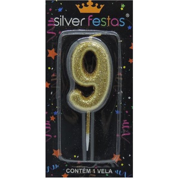 VELA DE ANIVERSÁRIO GLITTER DOURADA - NÚMERO 9 - SILVER FESTAS