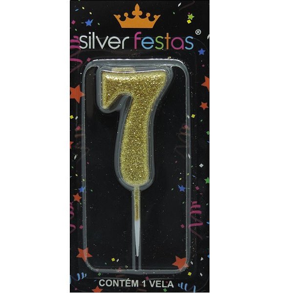 VELA DE ANIVERSÁRIO GLITTER DOURADA - NÚMERO 7 - SILVER FESTAS