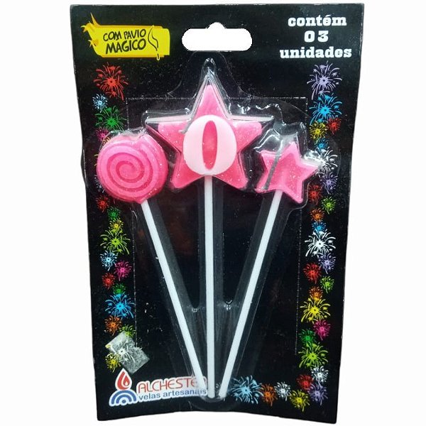 VELA DE ANIVERSARIO ROSA - ESTRELA SUPER - N°0 - 01 UNIDADE ALCHESTER