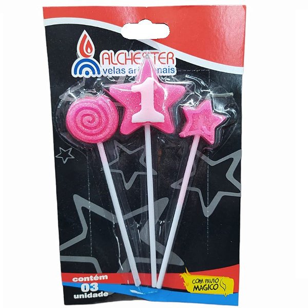 VELA DE ANIVERSARIO ROSA - ESTRELA SUPER - N°1 - 01 UNIDADE ALCHESTER