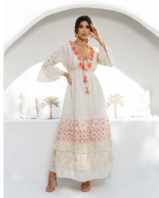 Vestido longo  bordado com cordão Pink