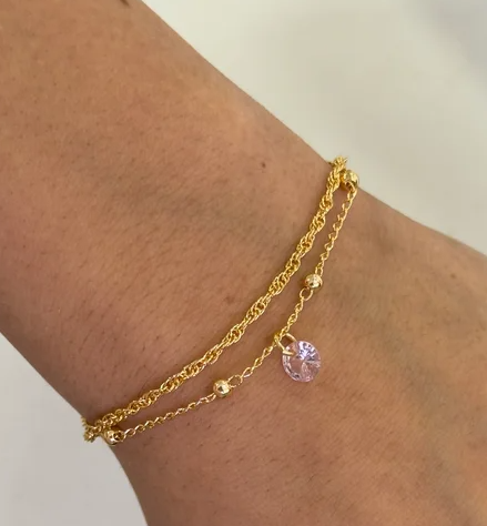 Pulseira Dupla Corrente Bolinhas e Zircônia