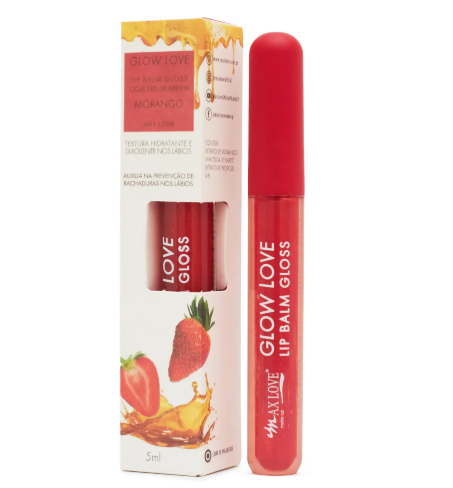 Lip Balm e Gloss Glow Love Mel de Abelha e Morango Max Love de 5ml