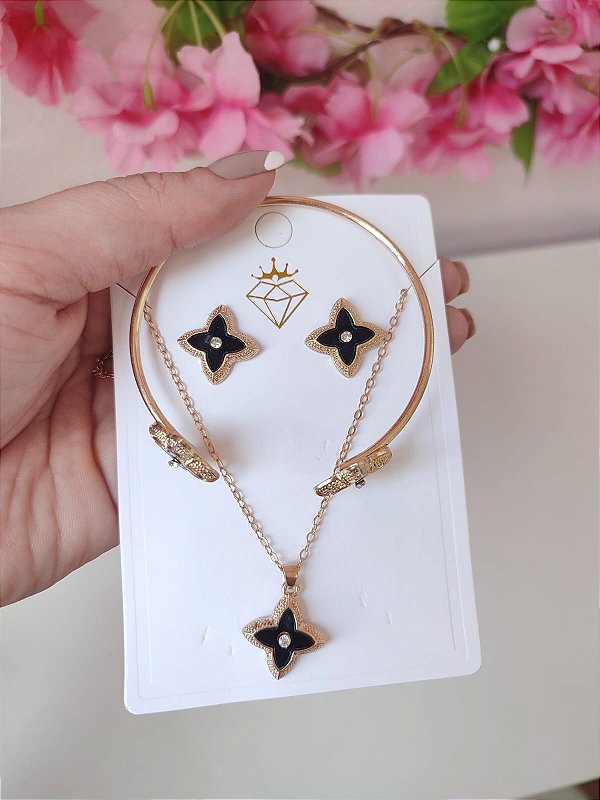 Kit Colar + Brinco + Bracelete Dourado Preto
