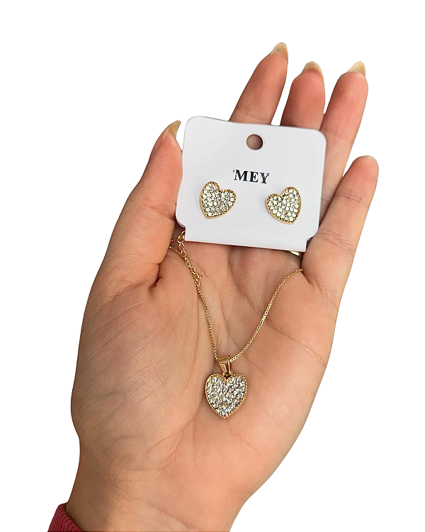 Colar + Brinco Coração Dourado