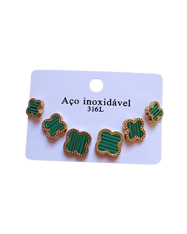 Trio de Brincos Trevo Verde