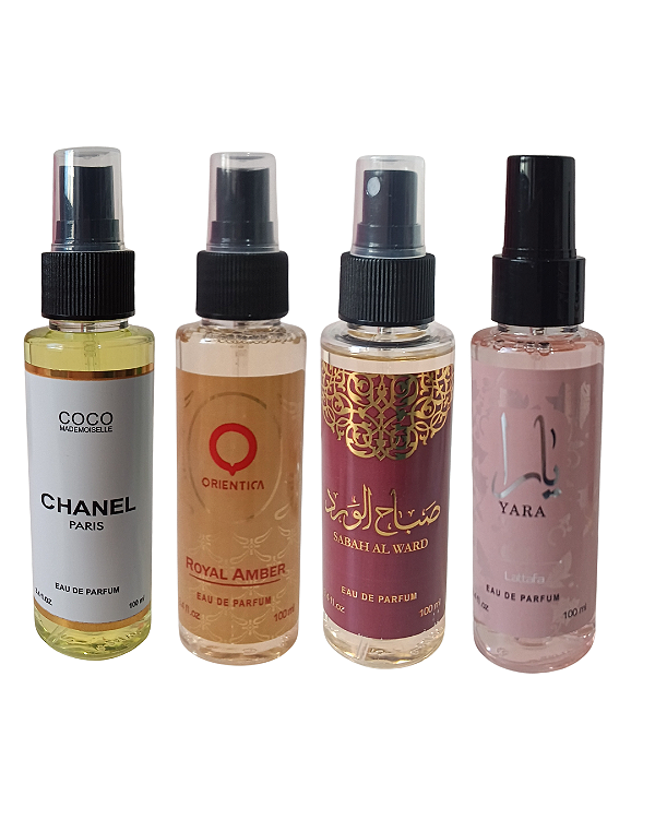 Combo 4 Body Splash Coco Mademoseille, Royal Amber, Sabah e Yara 100ml