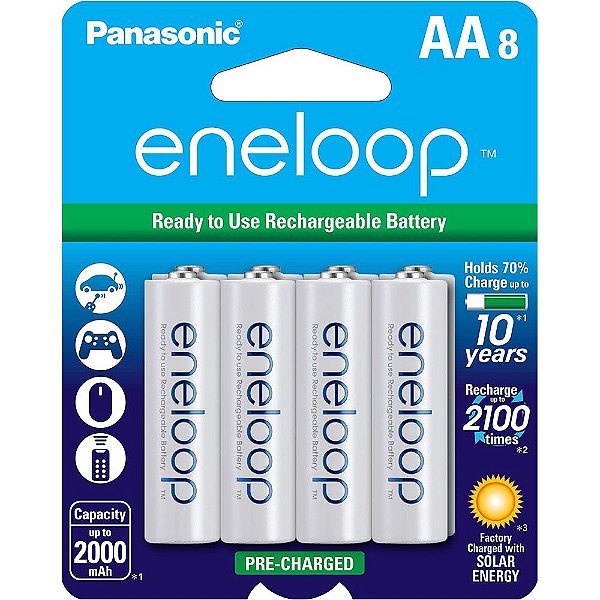 Pilha Recarregável Panasonic Eneloop BK-3MCCA8BA AA - 8 unidades