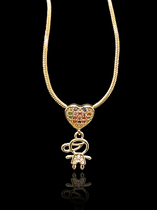 Corrente Rabo de Rato 1,2 mm - fecho tradicional - 50 cm - Com Pingente de Coração Cravejado Colorido e Menino Pendurado