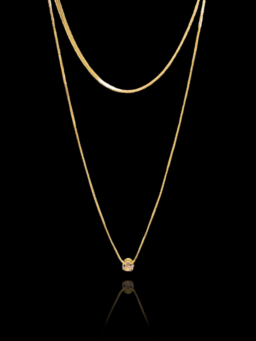 Colar Duplo: Corrente Fita/Corrente Veneziana com Ponto de Luz em Zircônia