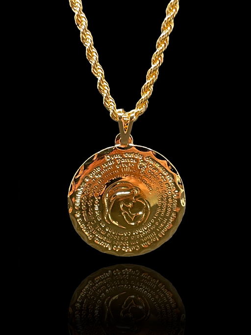 Corrente Cordão Baiano com Pingente em formato de Medalha com detalhe de Oração e Mãe com Bebê