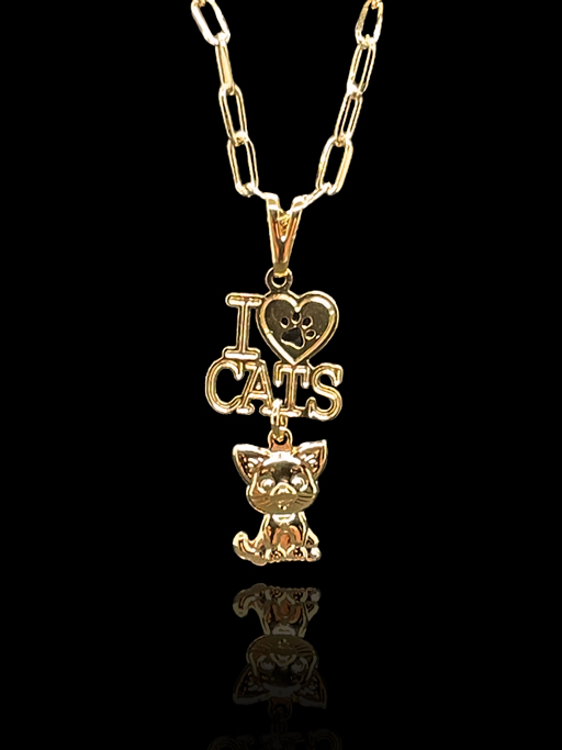 Corrente Elo Cartie 6mm com Pingente em formato da Palavra: "I Love Cats" com Gato Pendurado