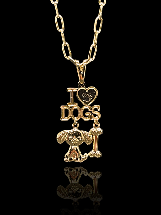 Corrente Elo Cartie 6mm com Pingente em formato da Palavra: "I Love Dogs" com Cachorro e Osso Pendurado