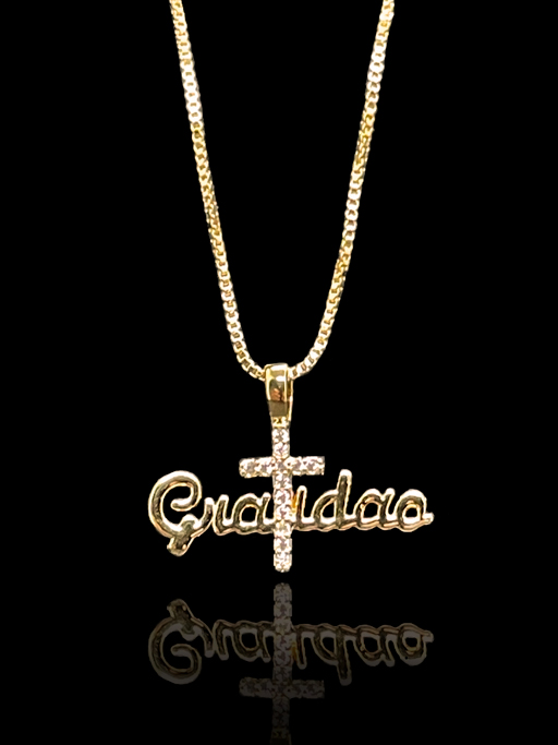 Corrente Rabo de Rato 1,2 mm - fecho tradicional - 50 cm - Com Pingente em formato da Palavra: "Gratidão" com Cruz de Zircônia Cristal