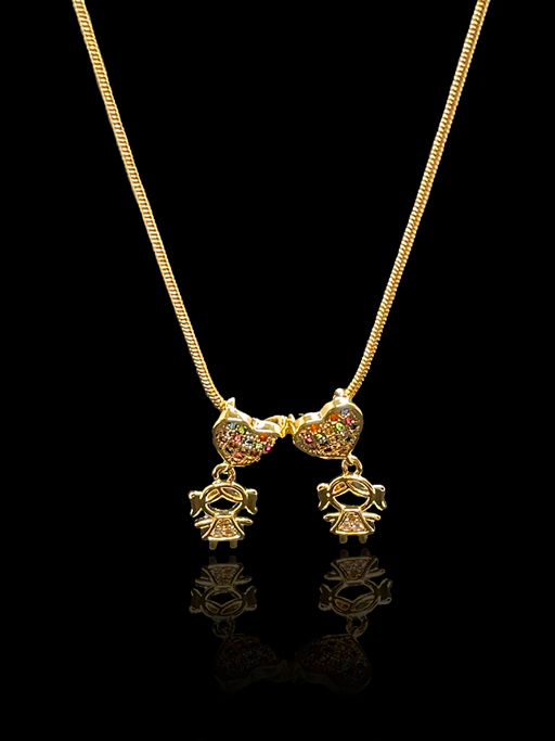 Corrente Rabo de Rato 1,2 mm - fecho tradicional - 50 cm - Com 2 Pingentes de Coração Cravejado Colorido e 2 Meninas Penduradas