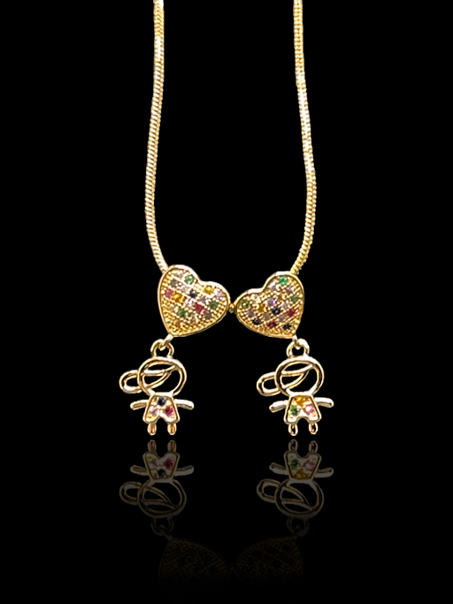 Corrente Rabo de Rato 1,2 mm - fecho tradicional - 50 cm - Com 2 Pingentes de Coração Cravejado Colorido e 2 Meninos Pendurados