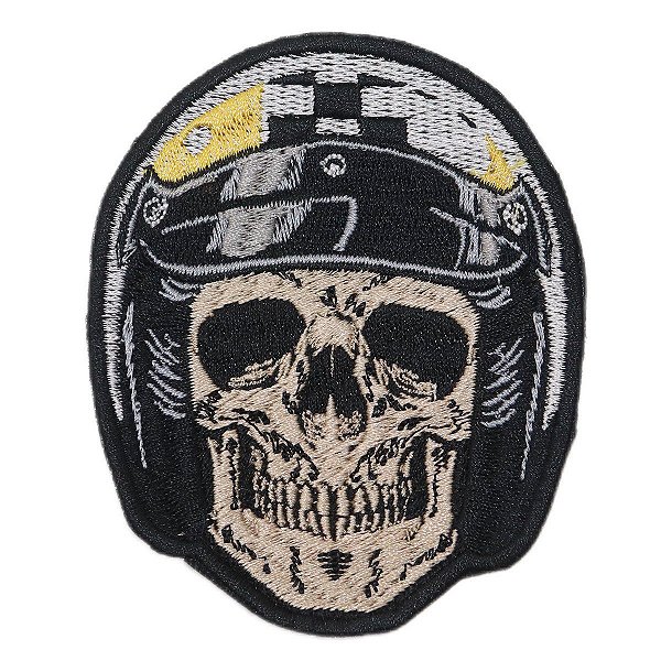 Patch Bordado Caveira Capacete Cinza 10x8cm